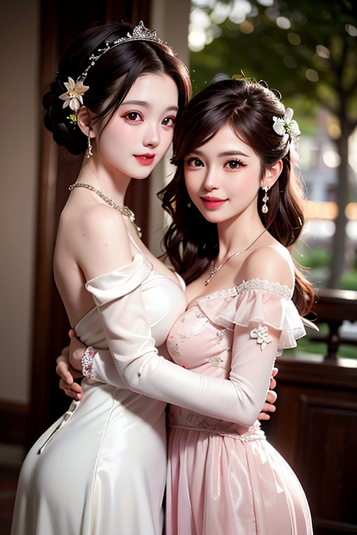 20230482-32562269-A bride and her bridesmaid embracing happily at a joyous wedding. The bride wearing a white tulle suspender wedding dress with f.png